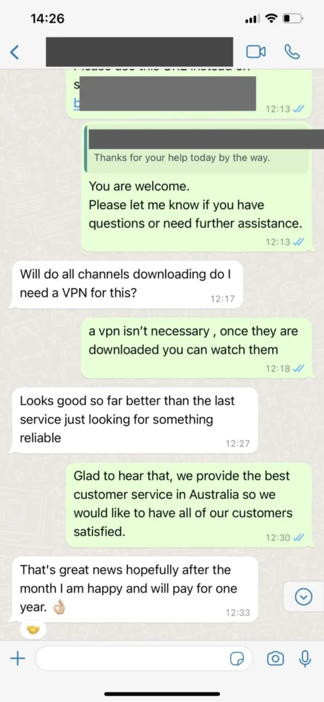 WhatsApp Feedback Zufriedener IPTV Kunde